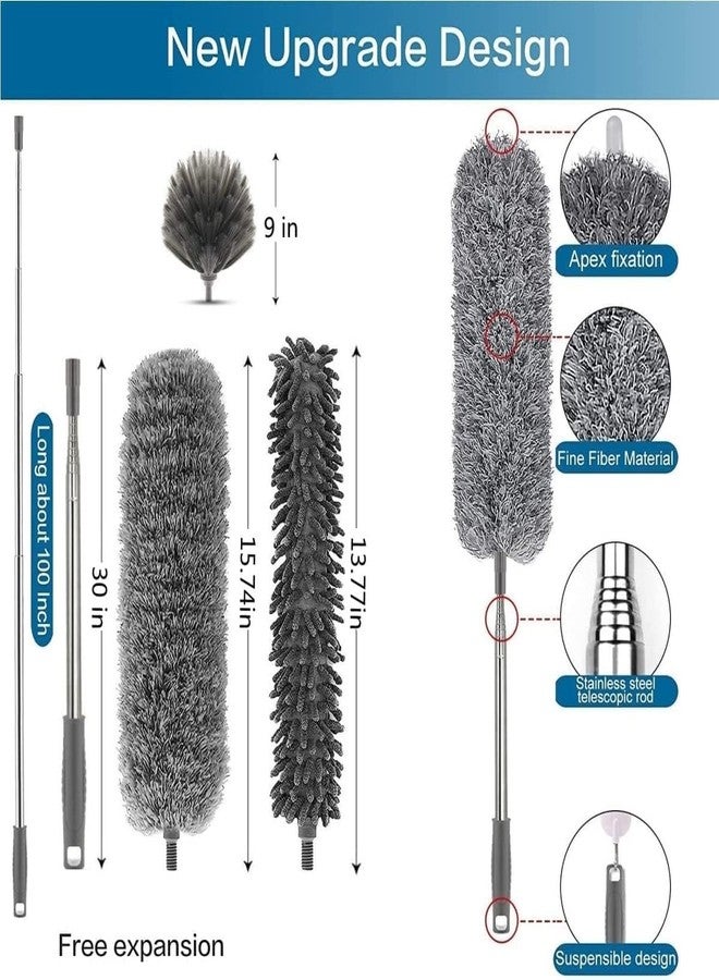 DPCR 3 in 1 Long Handle Microfiber Feather Ceiling Duster with Extendable Pole 30-100 Inch with Anti Scratch Bendable Head for Cleaning High Cobweb Stick High Ceiling Fan - Stainless Steel,Grey - Image 2